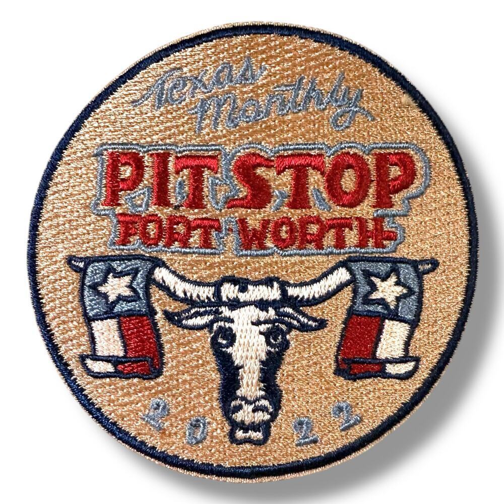 Texas Monthly Pit Stop Embroidered Patch Iron On Long Horn 3 in x 3 in